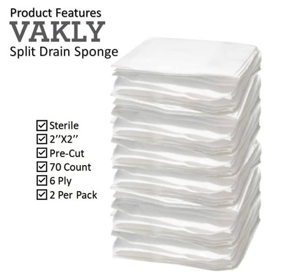 Sterile white split drain sponge gauze pads, stacked 2x2 pre-cut sheets
