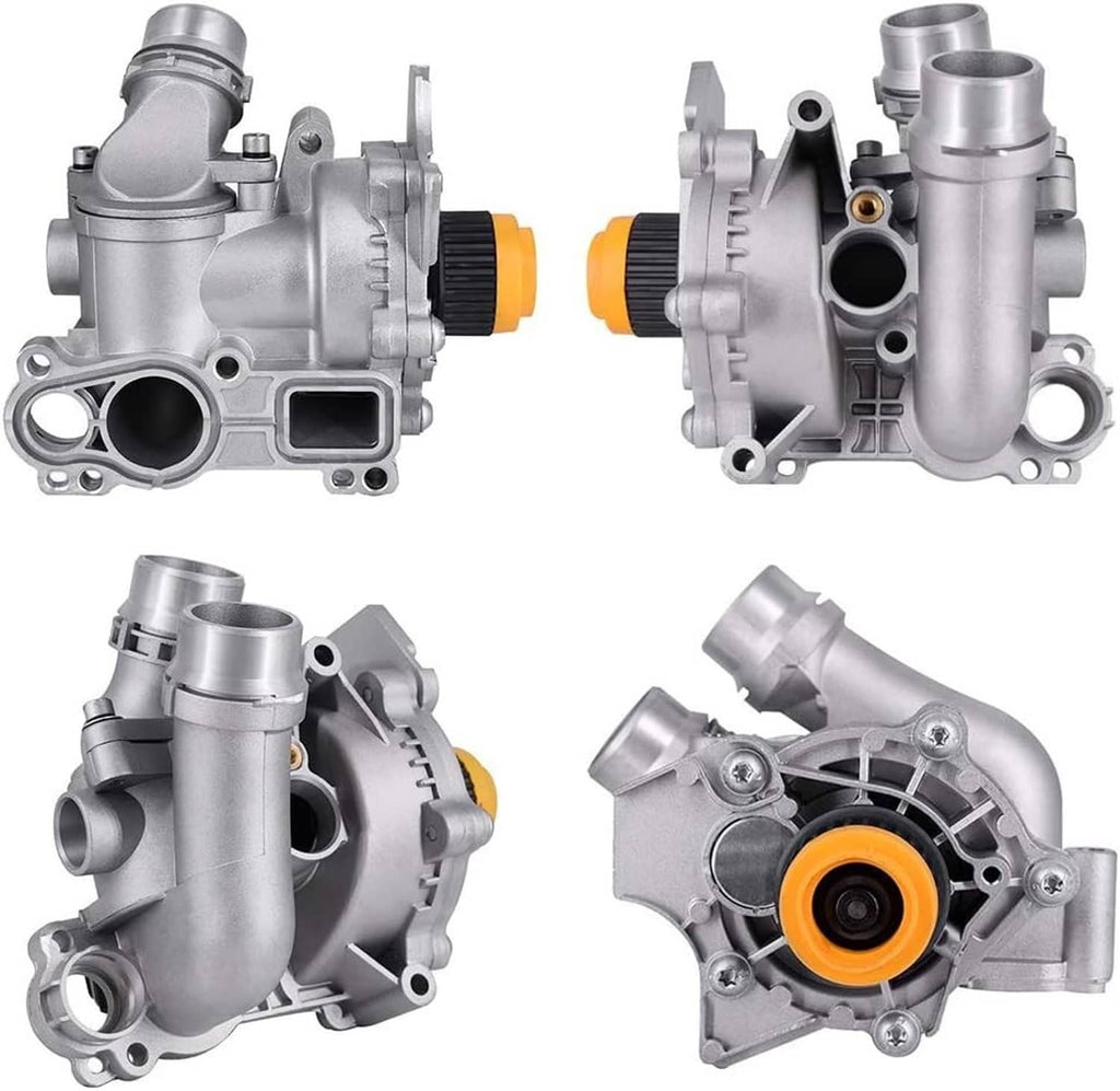 Water pump and thermostat assembly, silver housing with orange/yellow impeller