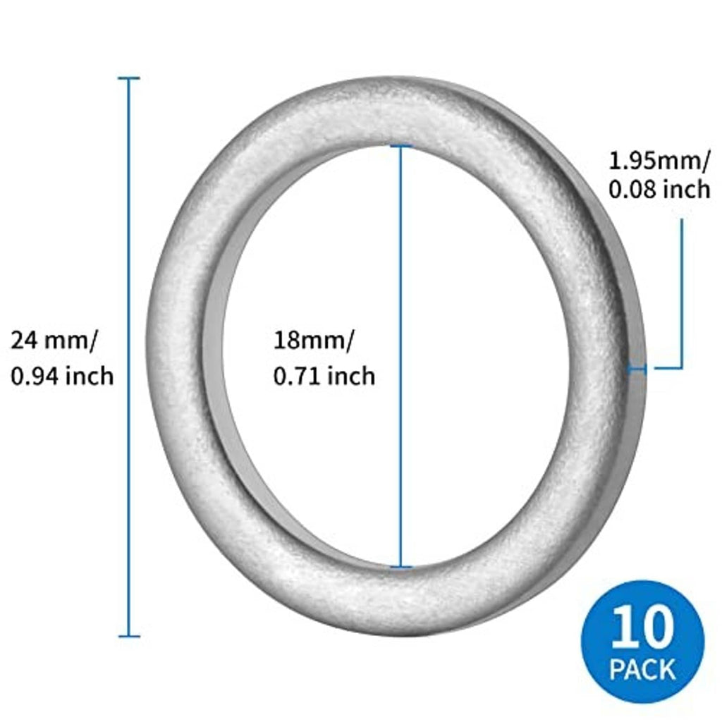 Silver aluminum crush washer seal with labeled inner 18mm and outer 24mm dimensions