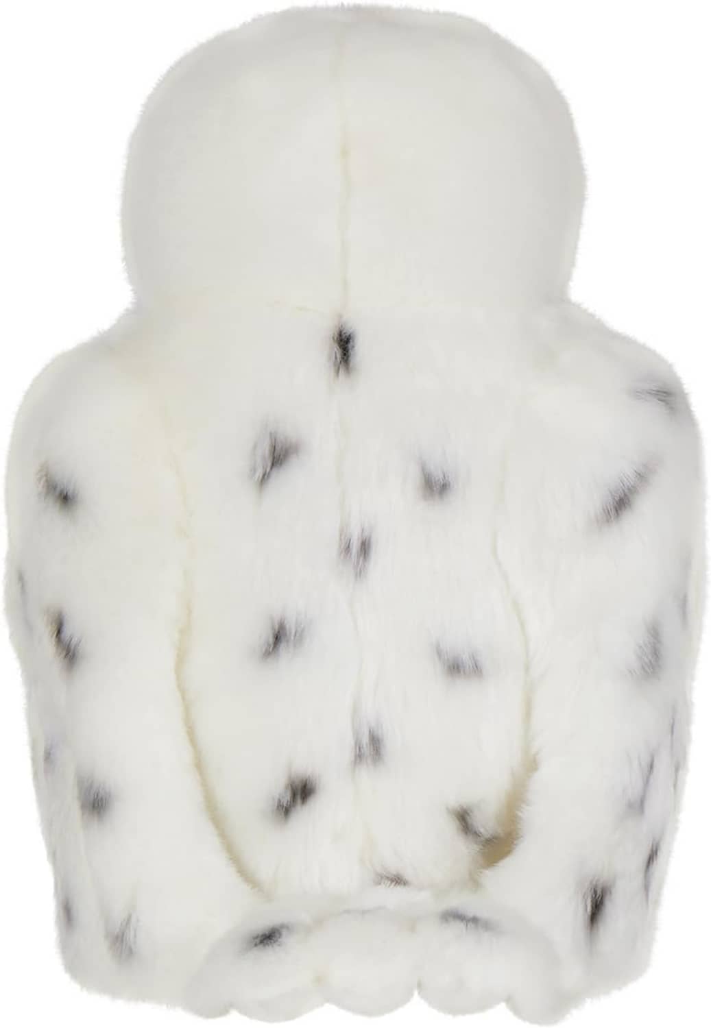 Plush snowy owl toy from the back with speckled accents and fluffy white tail