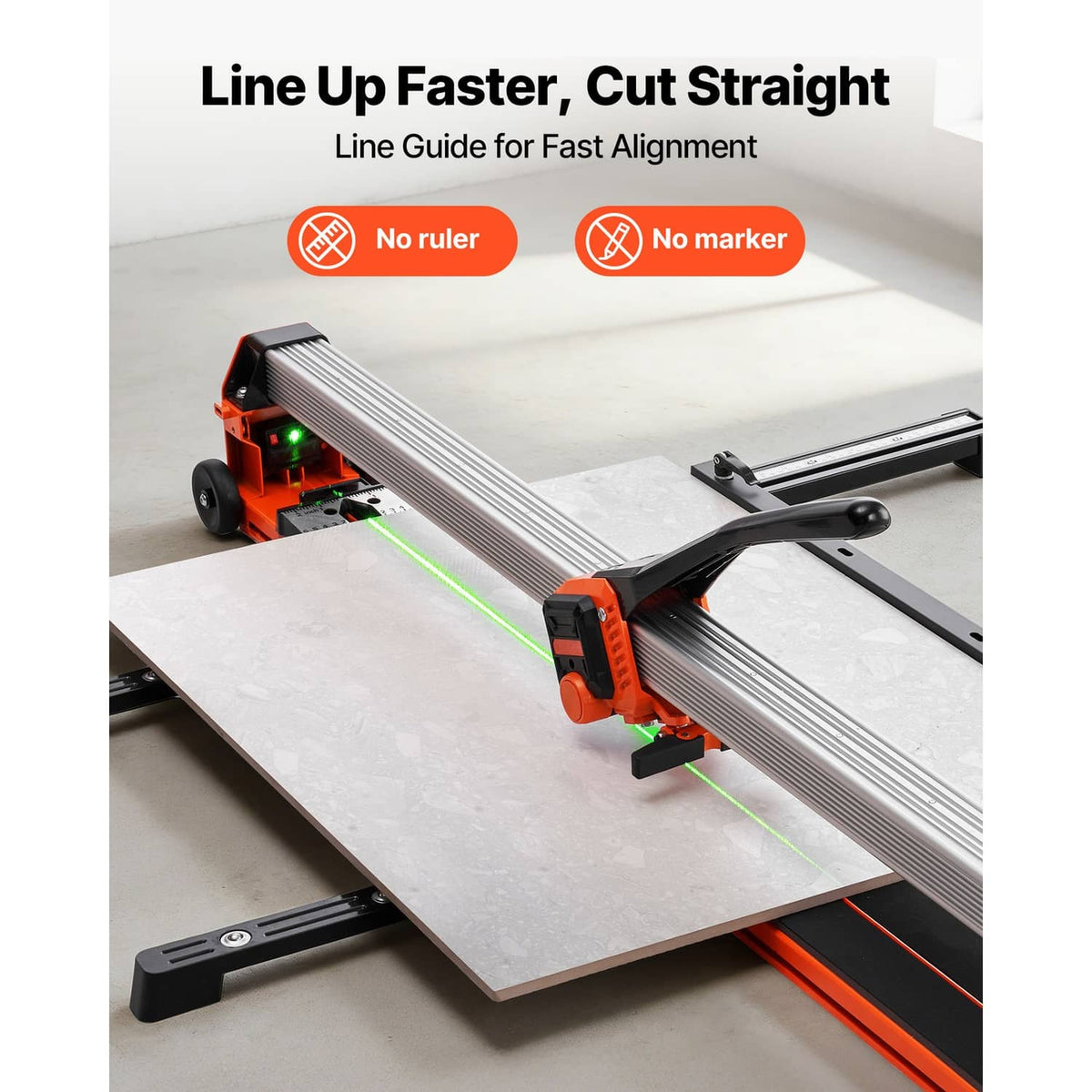Manual tile cutter with silver rail and green alignment line indicator