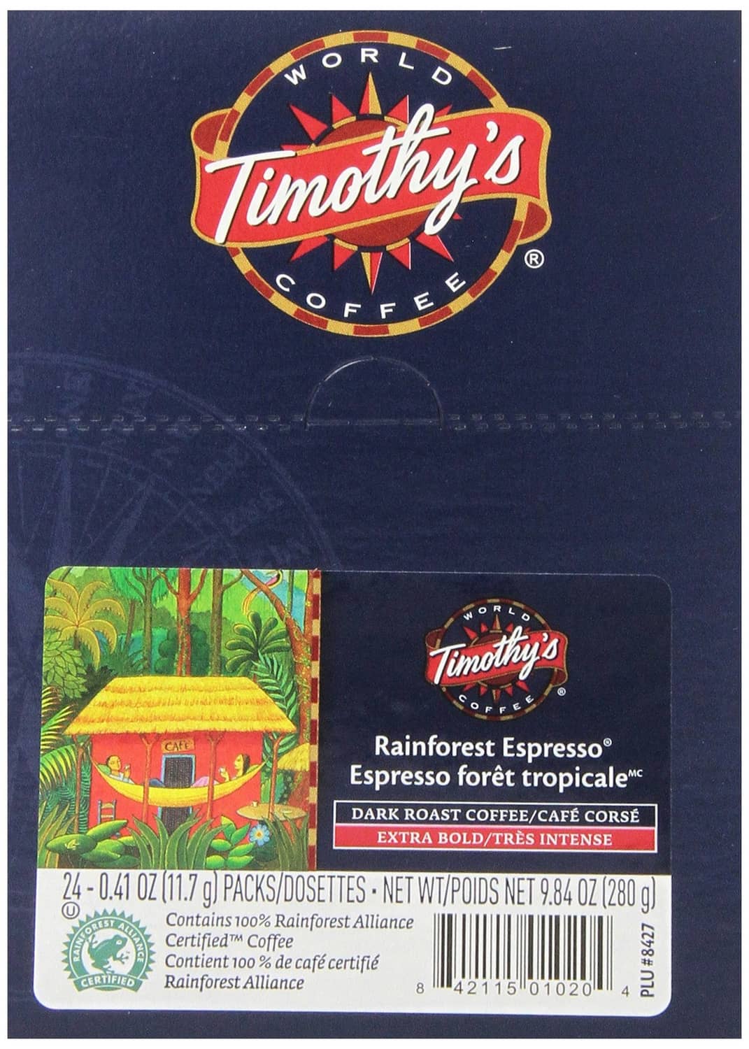 Timothy's Rainforest Espresso K-cup box back with tropical artwork and dark roast info