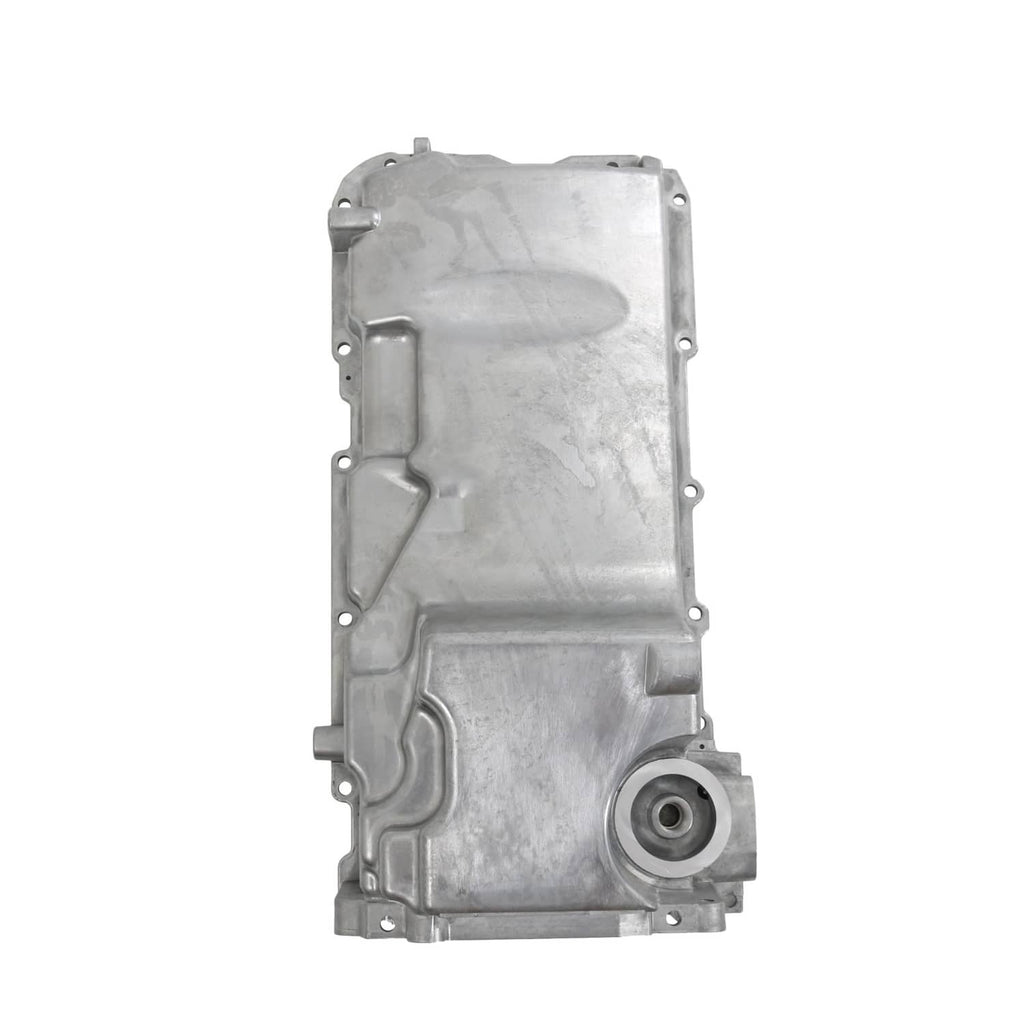Engine oil pan housing with circular opening and side mounting holes, aluminum silver