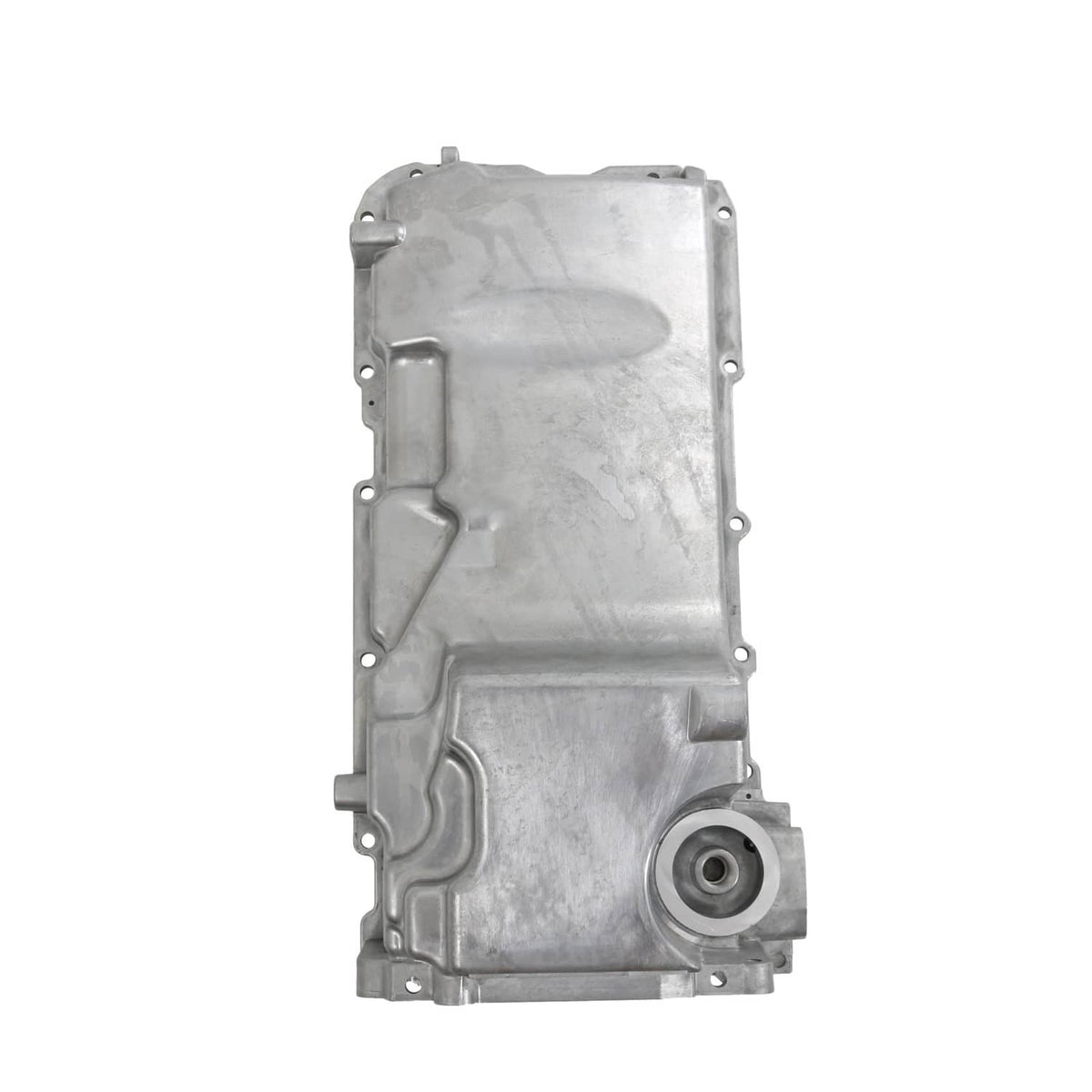 Engine oil pan housing with circular opening and side mounting holes, aluminum silver