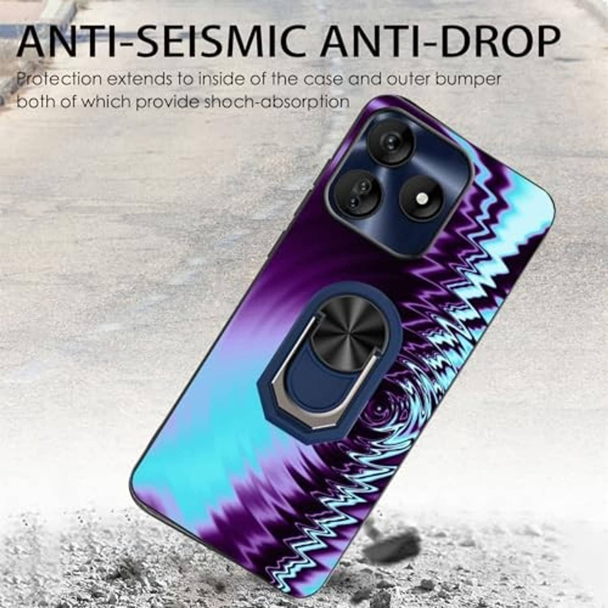 Phone case in purple and blue zigzag design with circular ring kickstand, rugged bumper edges