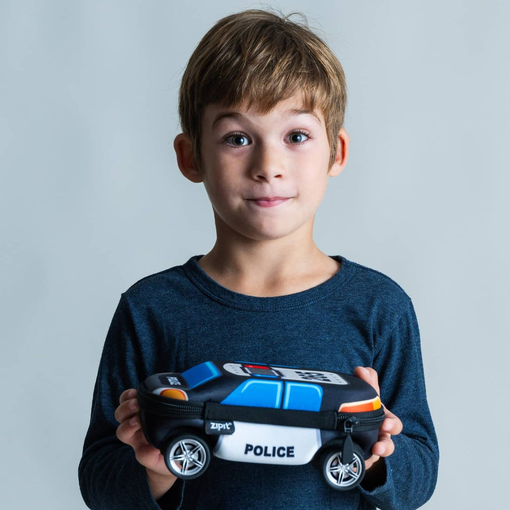 Blue and black police car pencil case held by a child, zipper on top