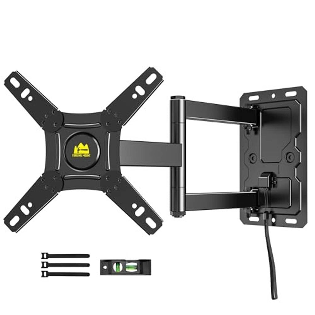 Black RV TV wall mount bracket with adjustable arms and locking wall plate, plus level