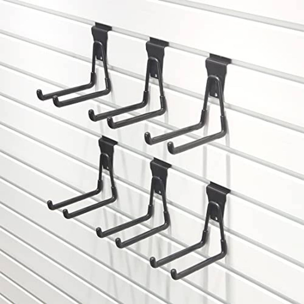 Black slatwall U hooks on slatwall with multiple curved arms for storage