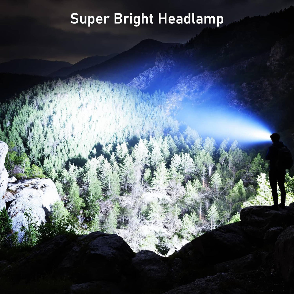 Rechargeable LED headlamp emitting a wide blue beam from the front