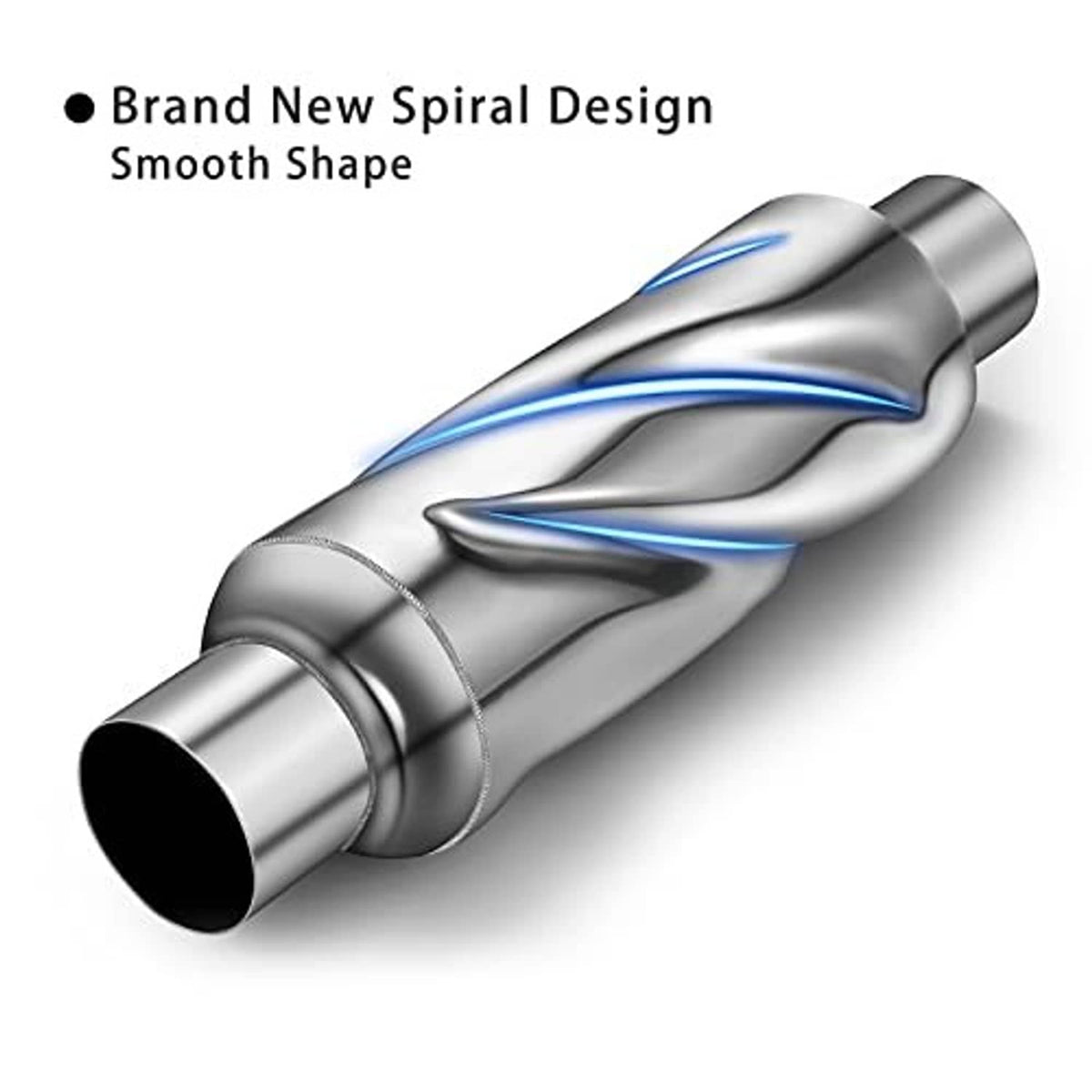 Stainless steel spiral-design muffler with blue accent markings and smooth oval shape