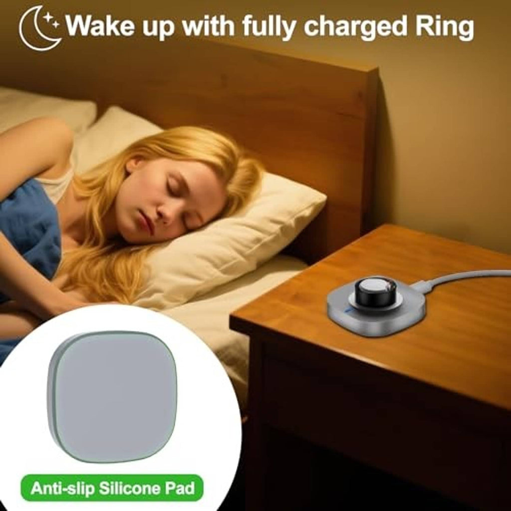 Gray charging dock with circular cradle on bedside table, anti-slip silicone pad