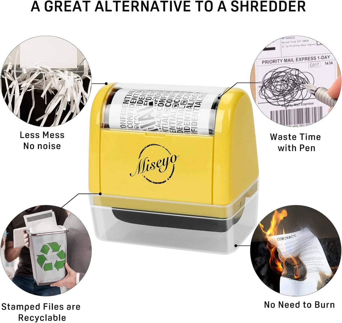 Yellow roller stamp with hand inserting paper, plus inset photos showing stamped documents