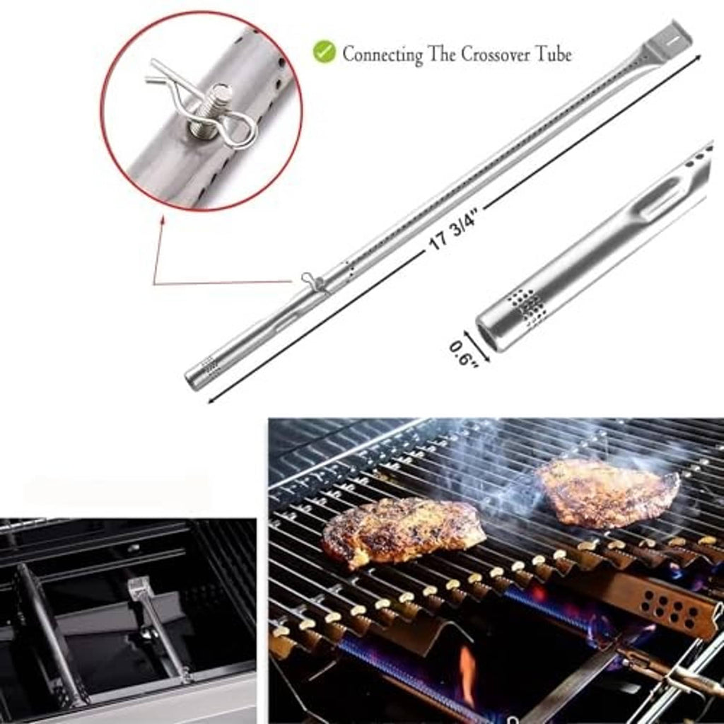 Stainless steel crossover tube with clamps, connecting burner tubes for a gas grill.