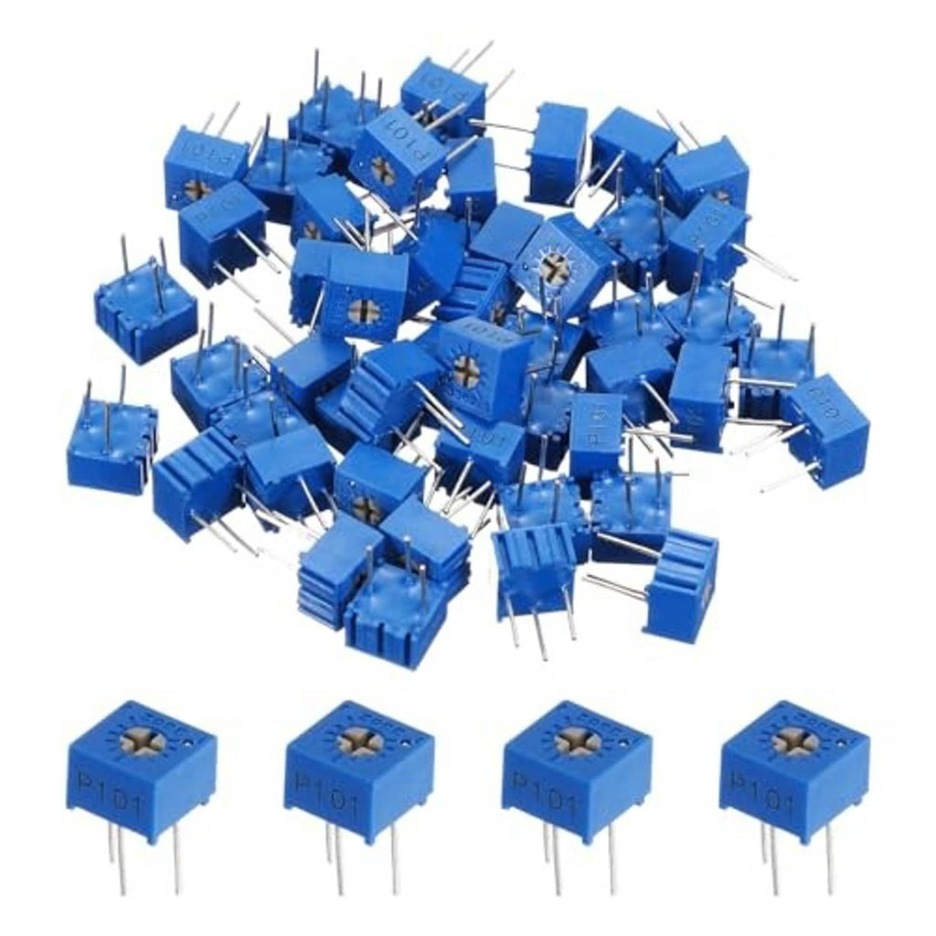 Set of blue top-adjust trimmer potentiometers with slotted screw top and three leads