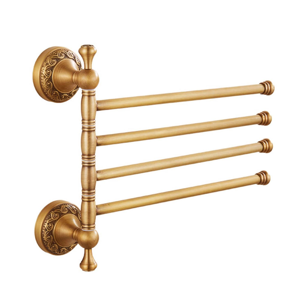 Wall-mounted 4-bar towel rack with ornate round backplates, antique bronze finish.