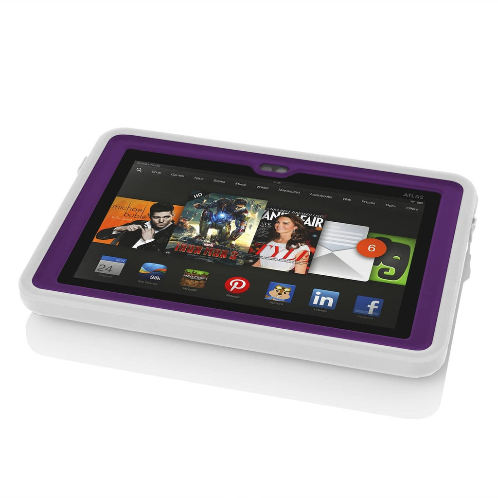 Purple waterproof tablet case with clear front window and visible tablet screen apps