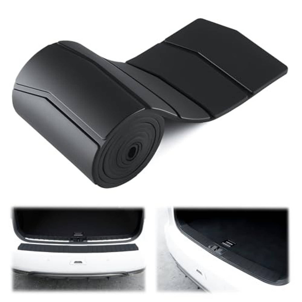 Car rear bumper protector, black grooved rubber roll and bumper fit inset