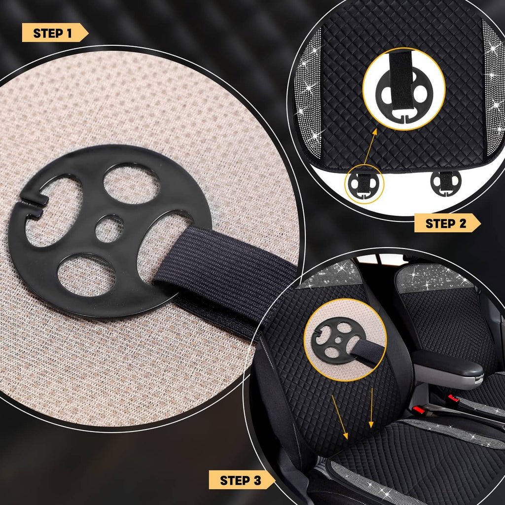 Black car seat strap with circular buckle plate and metal hook attachment