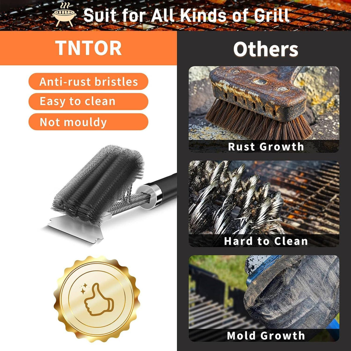 Grill cleaning brush with dense wire bristles and scraper, shown in feature graphic