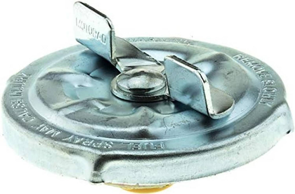 Silver fuel tank cap angled view with latch tab and central round opening
