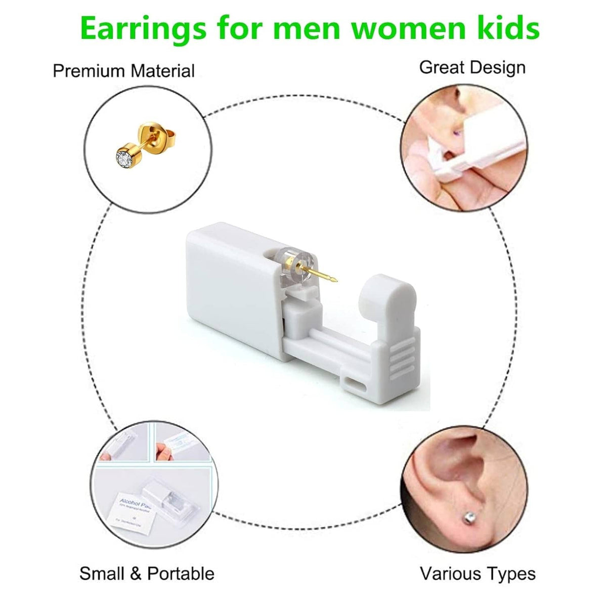 Disposable ear piercing gun kit with gold diamond studs, shown on ear