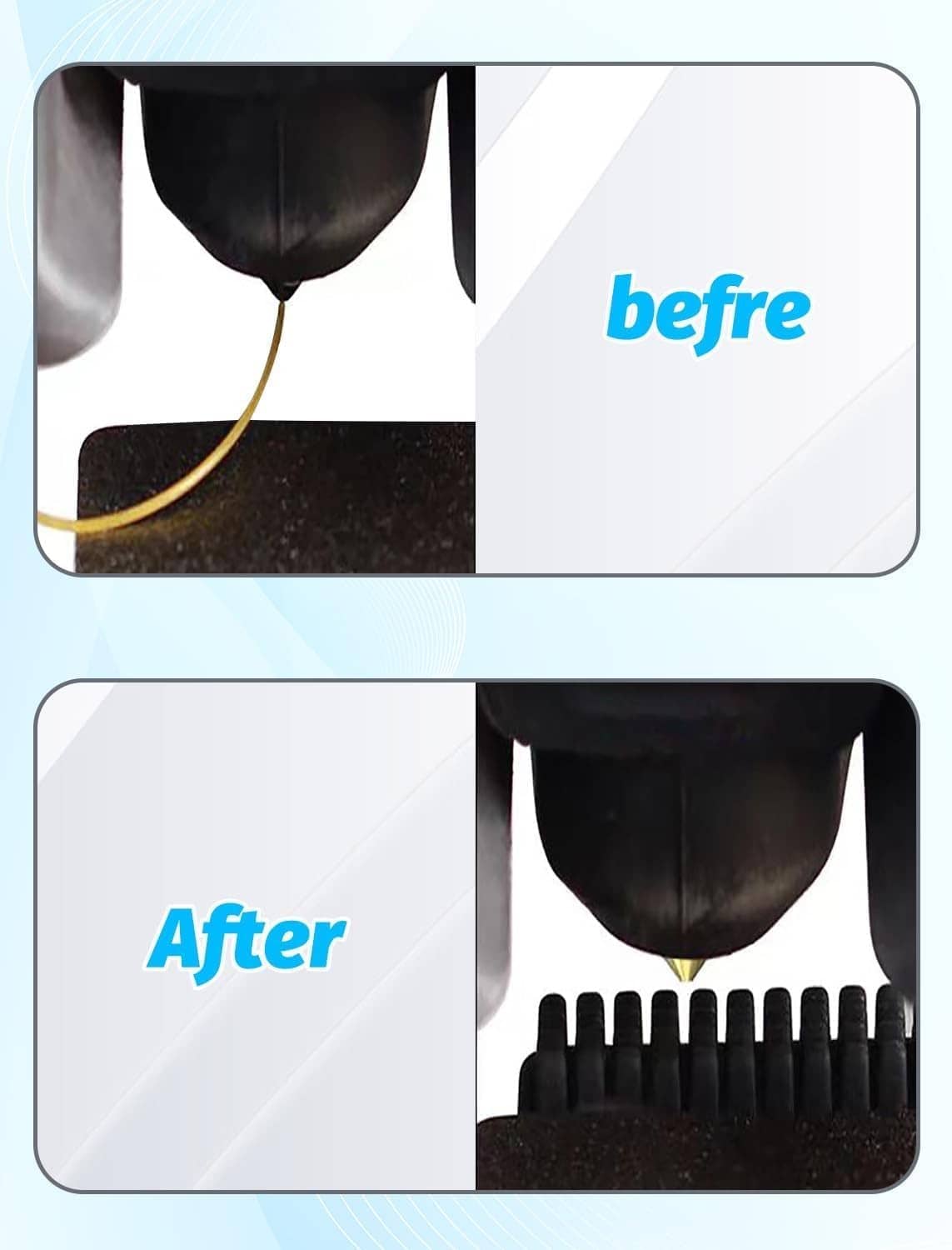 Nozzle cleaning before-and-after showing residue removed by silicone brush bristles