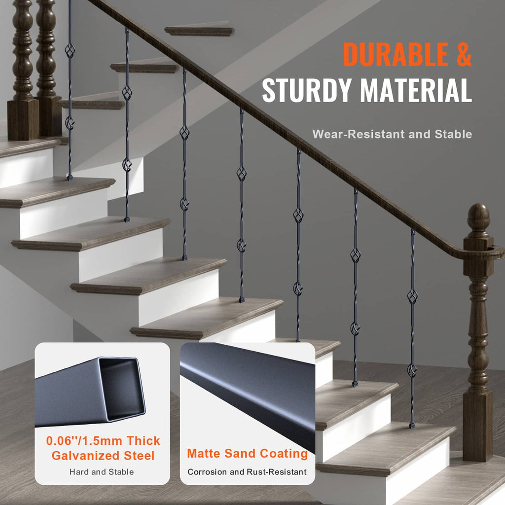 Black metal deck spindles on staircase railing, twisted posts with double-basket links