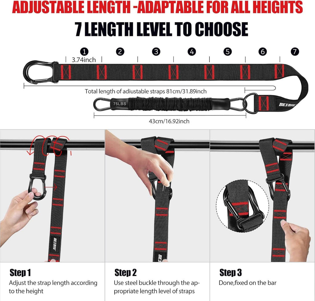 Adjustable length pull-up strap with metal carabiner, black webbing with red trim