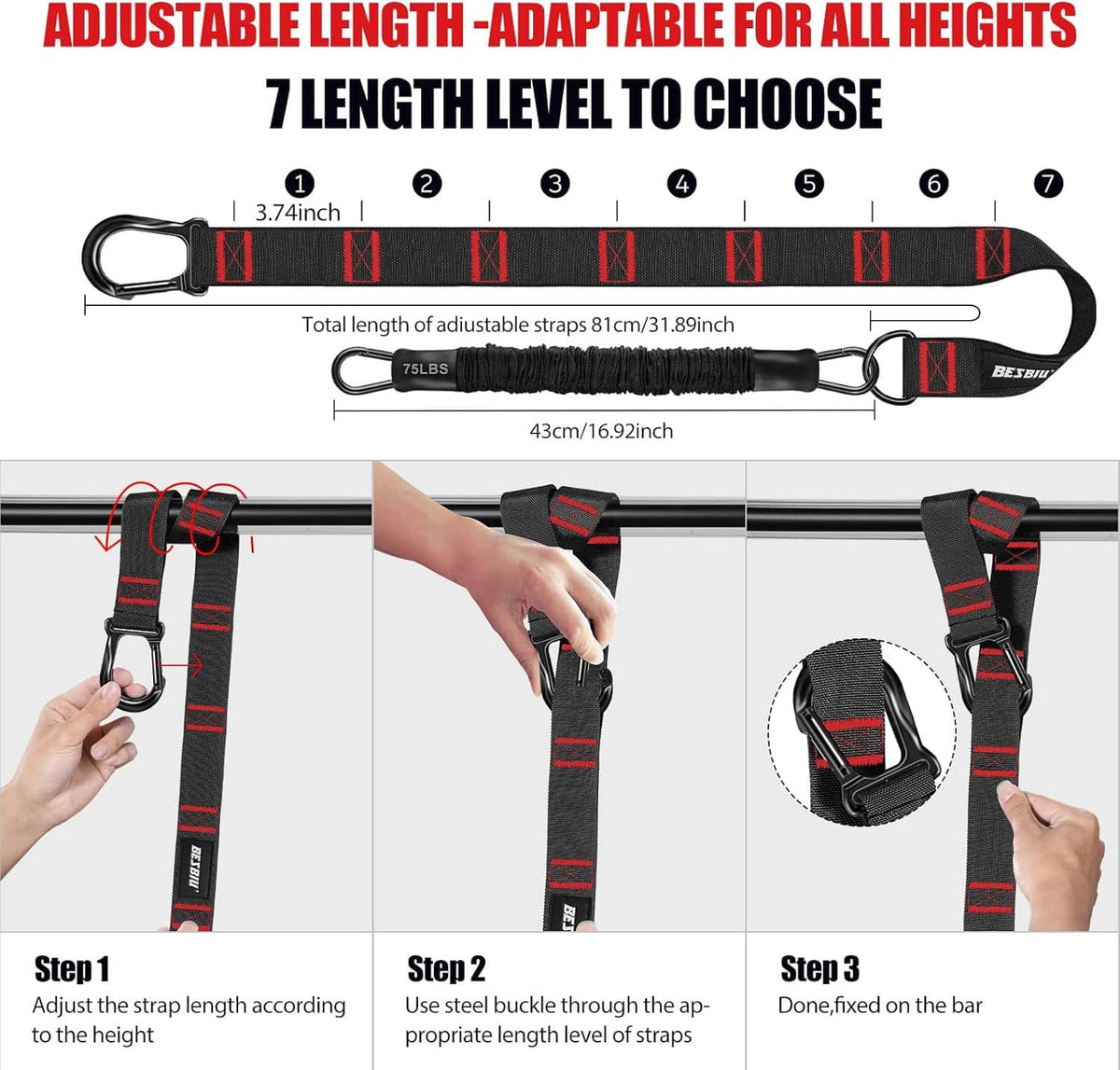 Adjustable length pull-up strap with metal carabiner, black webbing with red trim