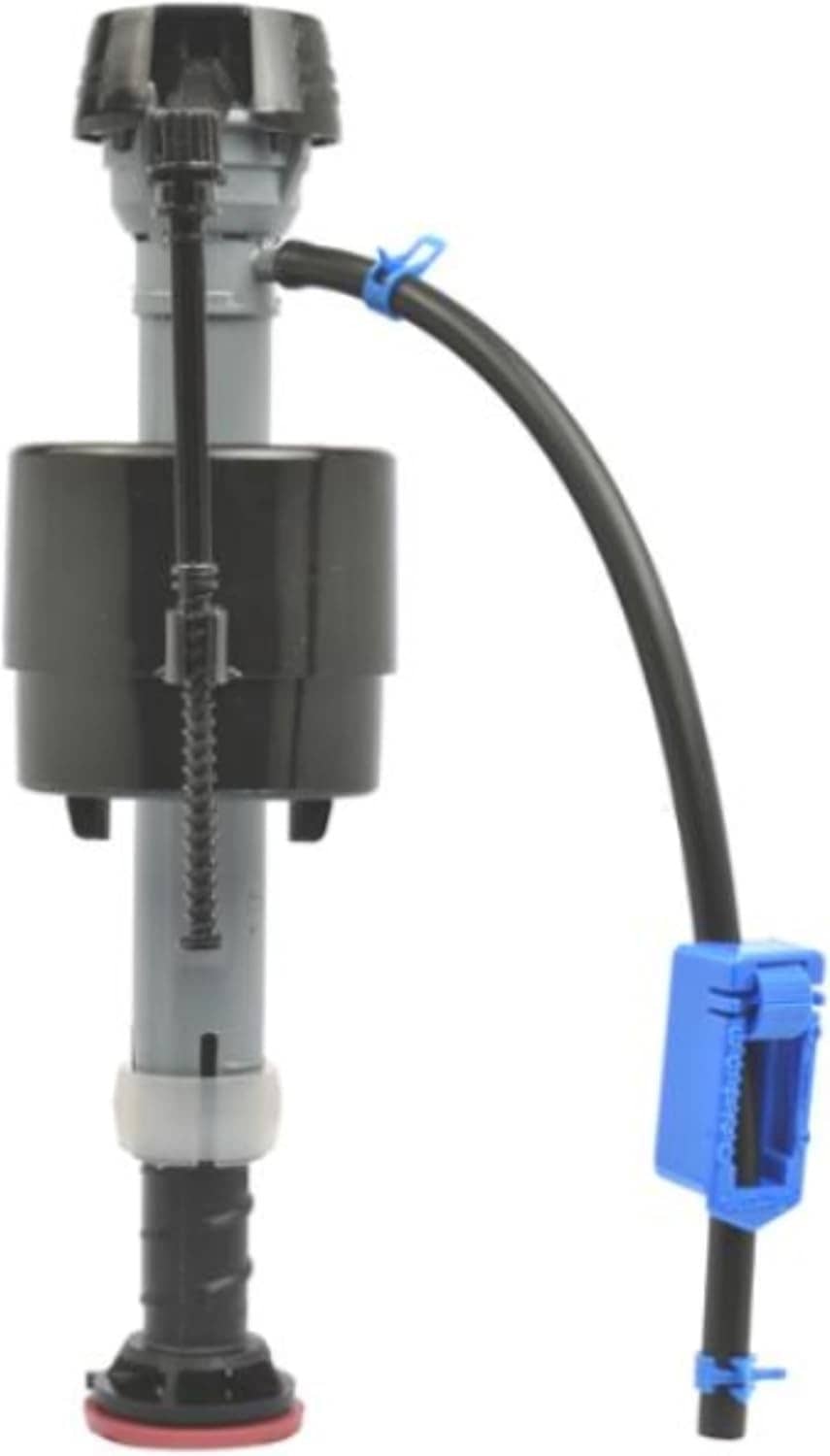 Fluidmaster universal filling valve with curved black hose and blue electrical connector