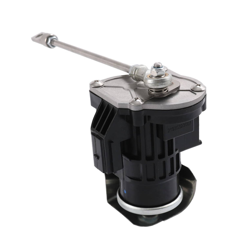 Turbo wastegate actuator angled view with black base and extended metal rod