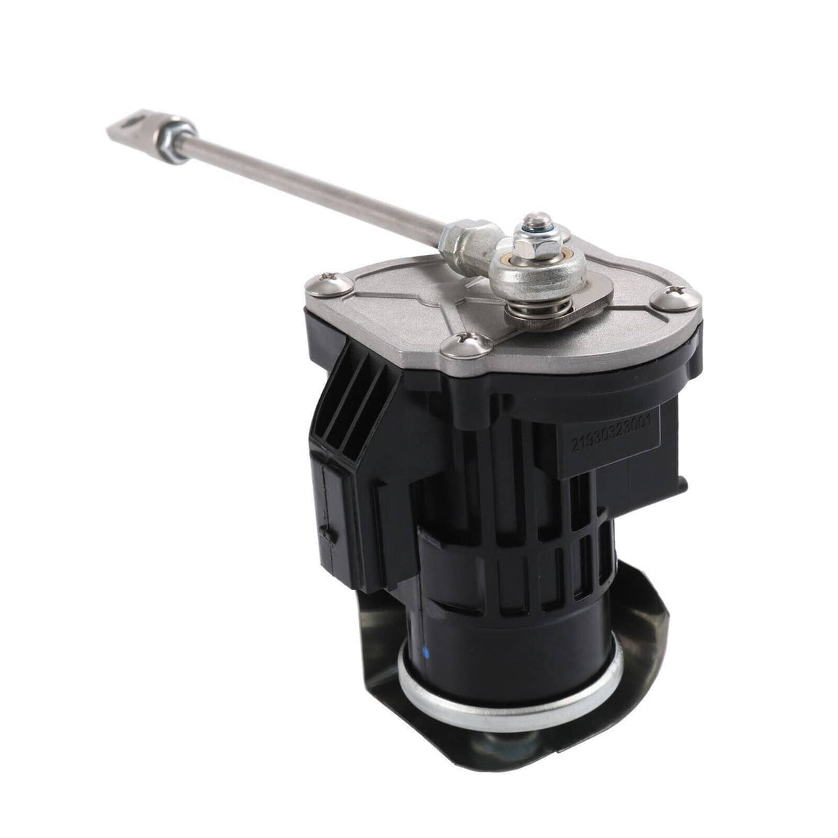 Turbo wastegate actuator angled view with black base and extended metal rod
