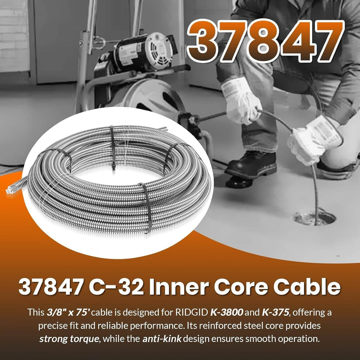 Coiled drain cleaning cable, metal spiral sheath, with connector end