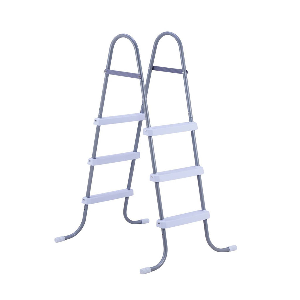 Gray 3-step A-frame pool ladder with curved handrails and wide base feet