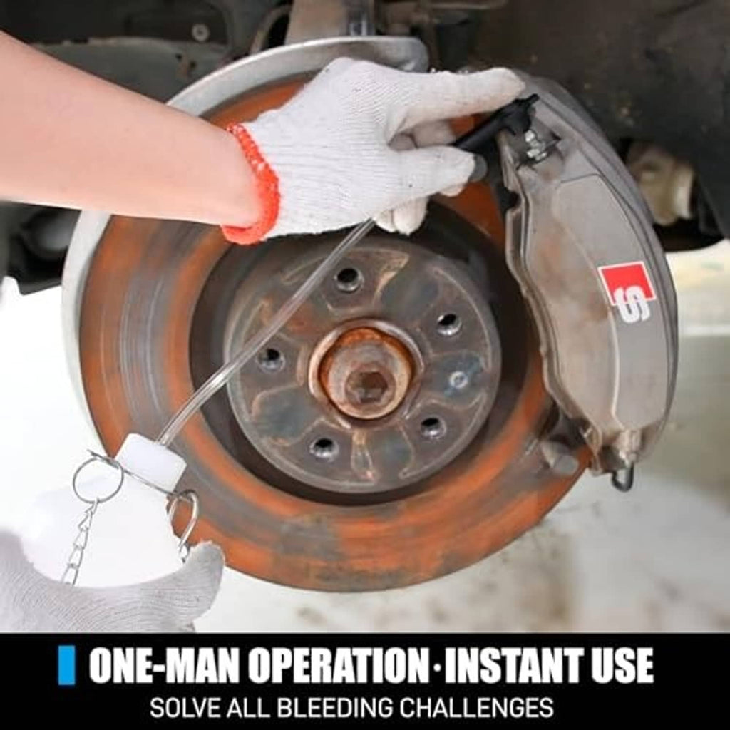 Brake bleeder hose bottle and adapter used at wheel caliper during one-person bleeding