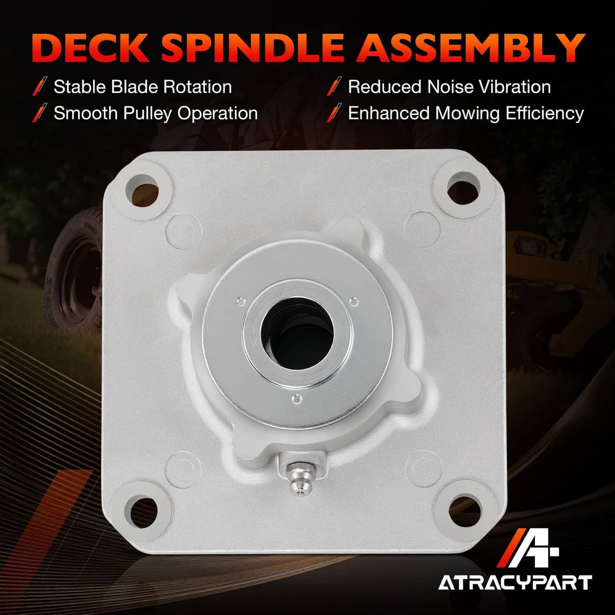 Mower deck spindle assembly housing with central spindle bore and four bolt holes