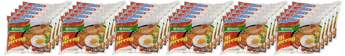 Row of Indomie Mi Goreng instant noodle packets, multiple pack view