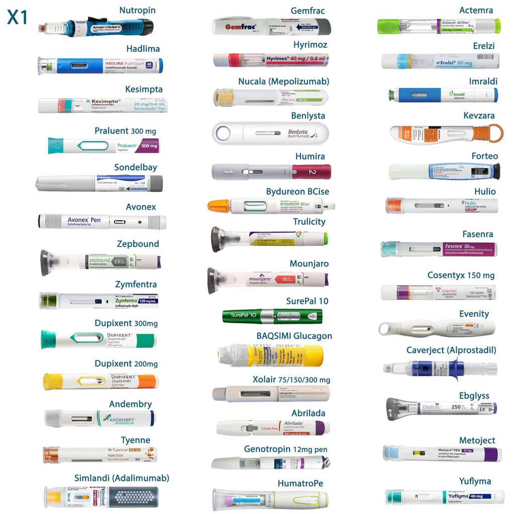 Blue insulin travel cooler case shown with labeled syringe compatibility chart