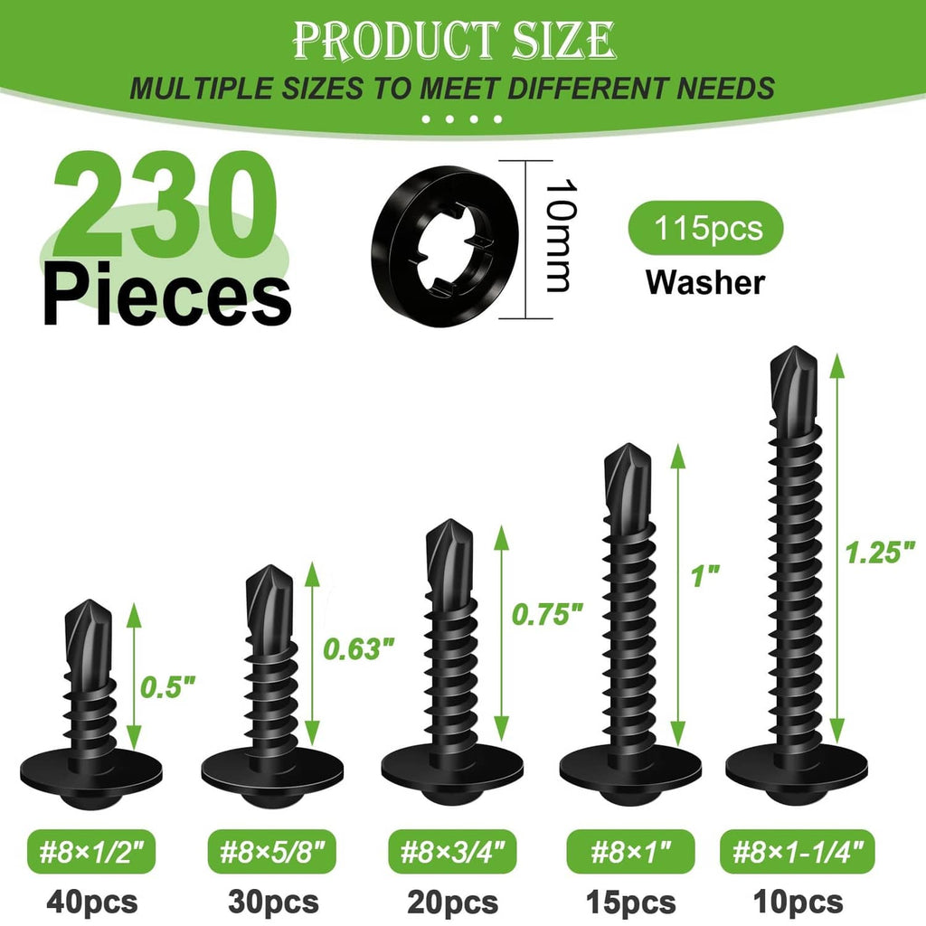 Black self-tapping screws with washer, multiple lengths shown for 230 pcs kit