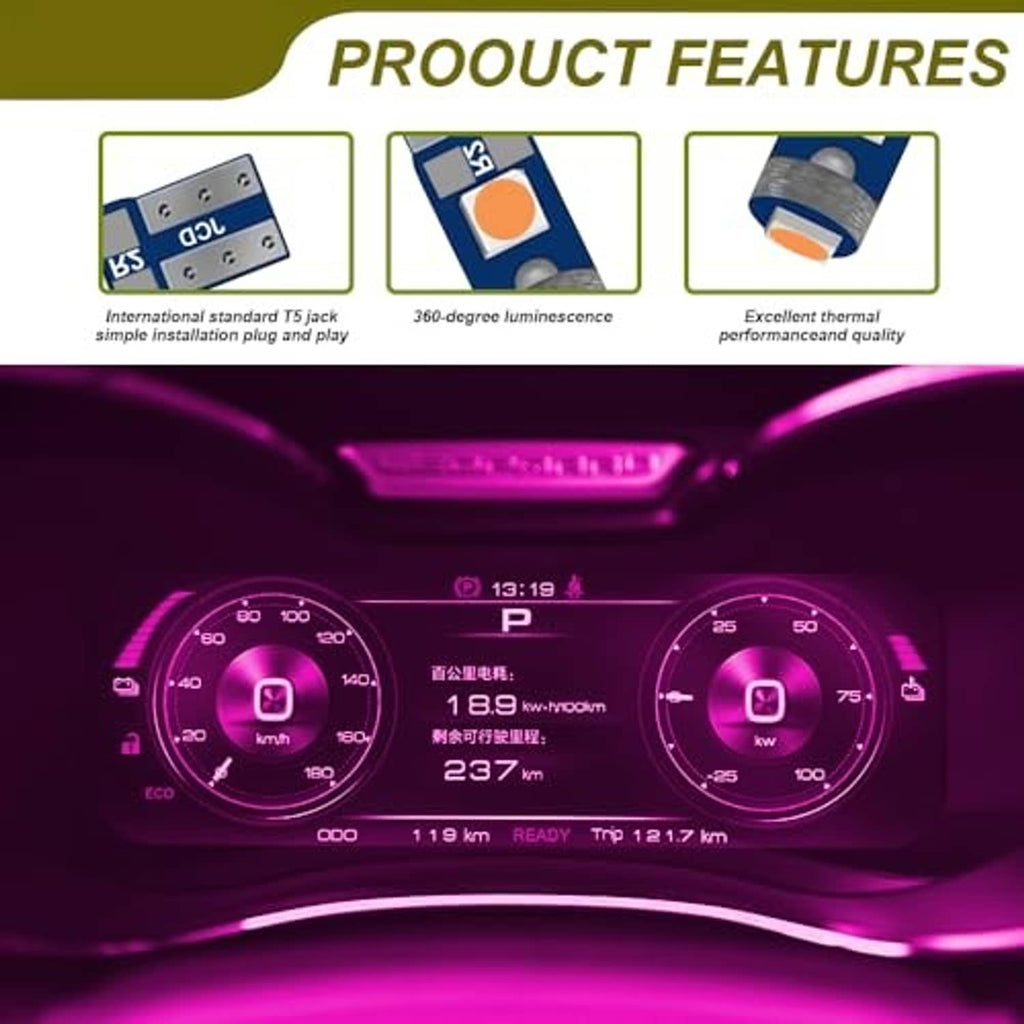 Car dashboard instrument cluster with pink/purple LED illumination