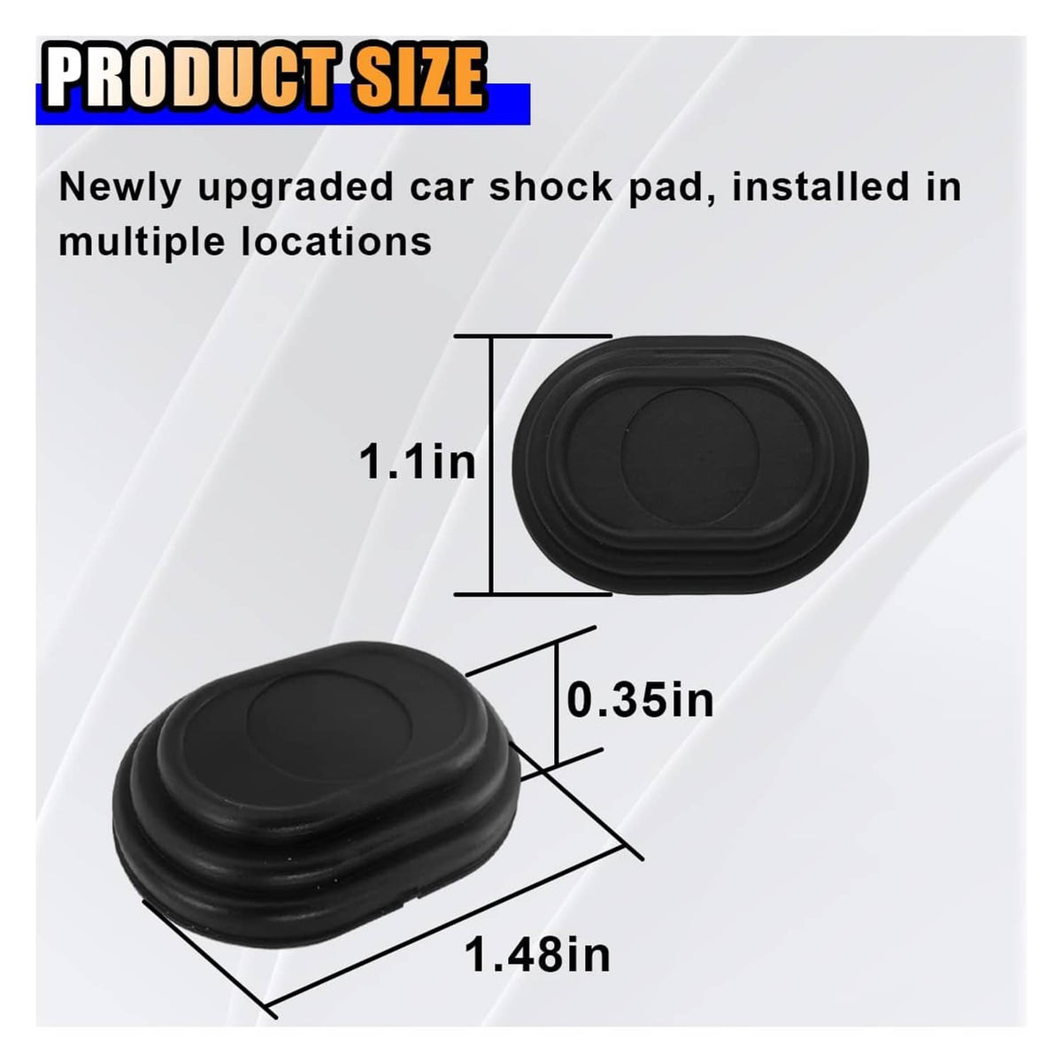 Black silicone shock absorber pad with oval top, shown with size measurements