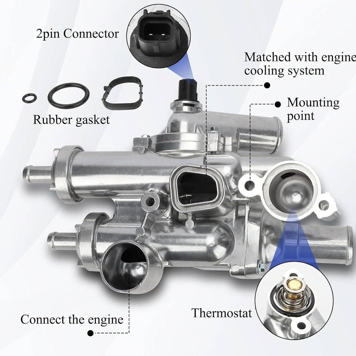 Aluminum thermostat housing assembly with rubber gaskets and 2-pin connector