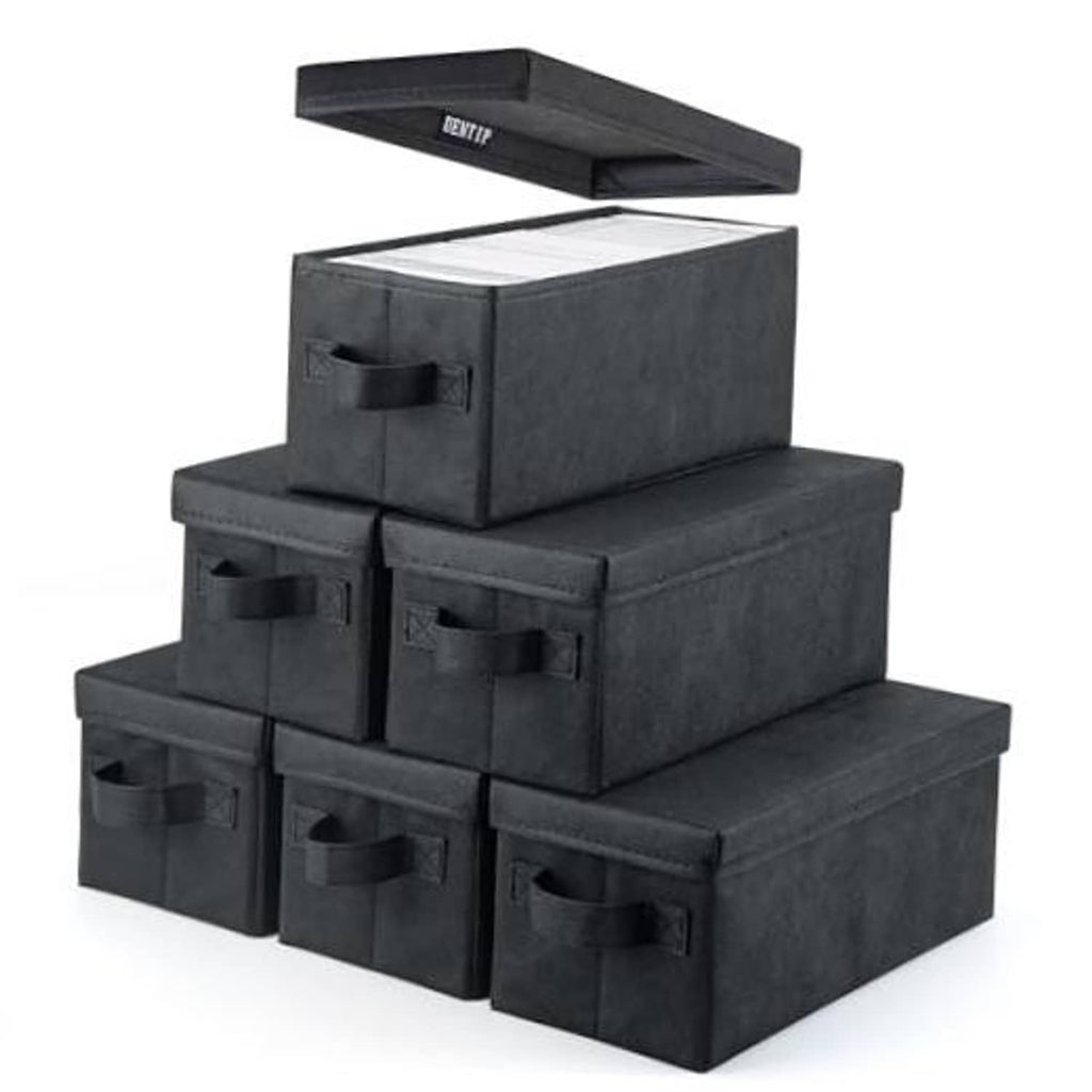 Stacked black foldable CD storage boxes, set of 6, with hinged lids and front handle cutouts