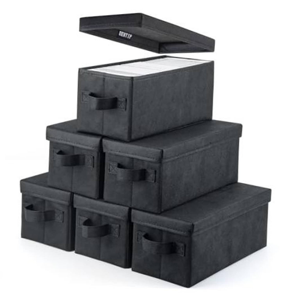 Stacked black foldable CD storage boxes, set of 6, with hinged lids and front handle cutouts