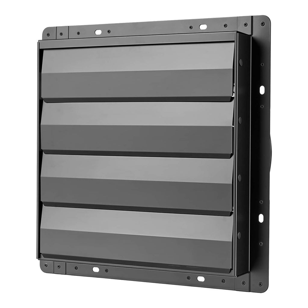 Wall-mounted exhaust fan housing with hinged louvers, dark metal frame