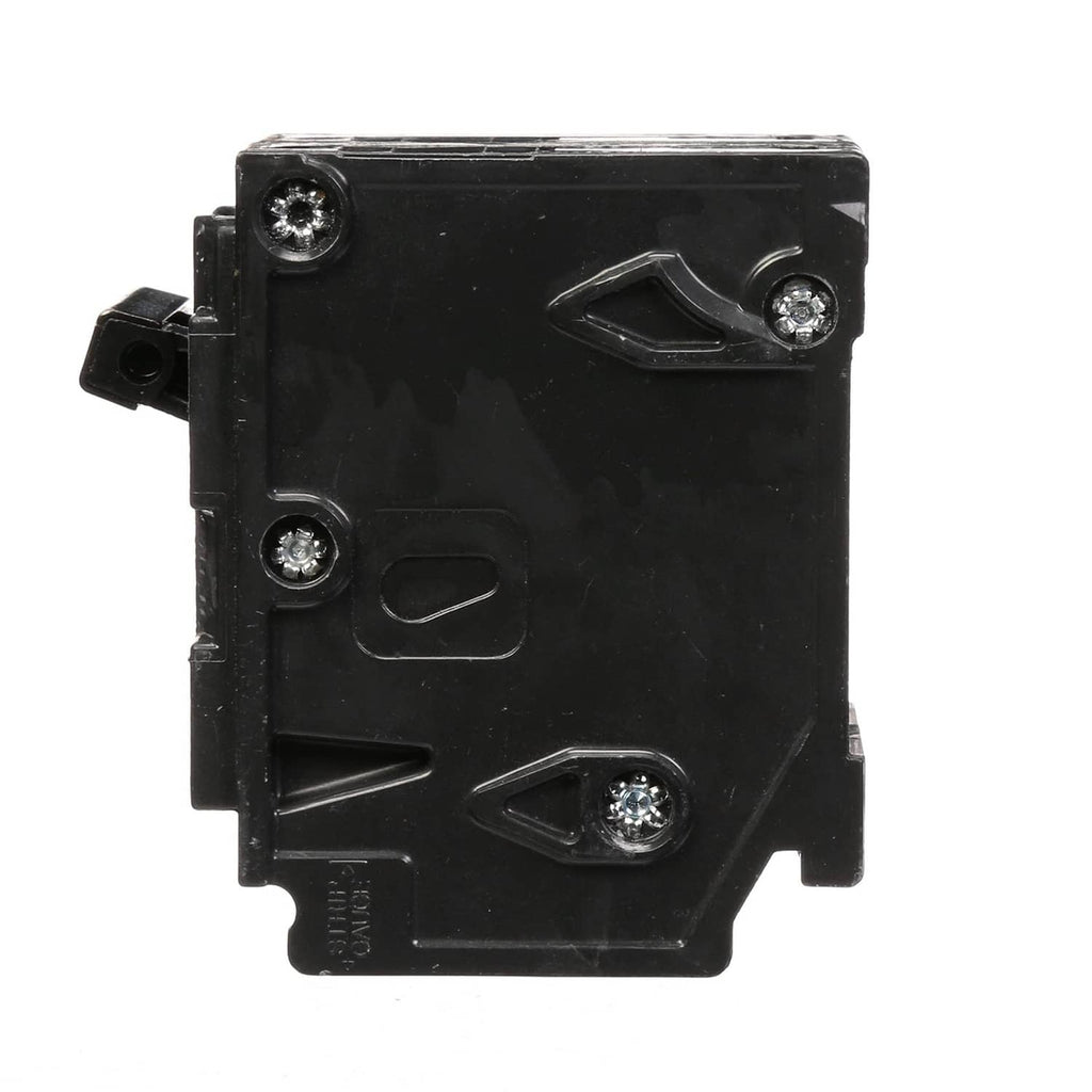 Black circuit breaker with visible mounting screws and molded handle mechanism