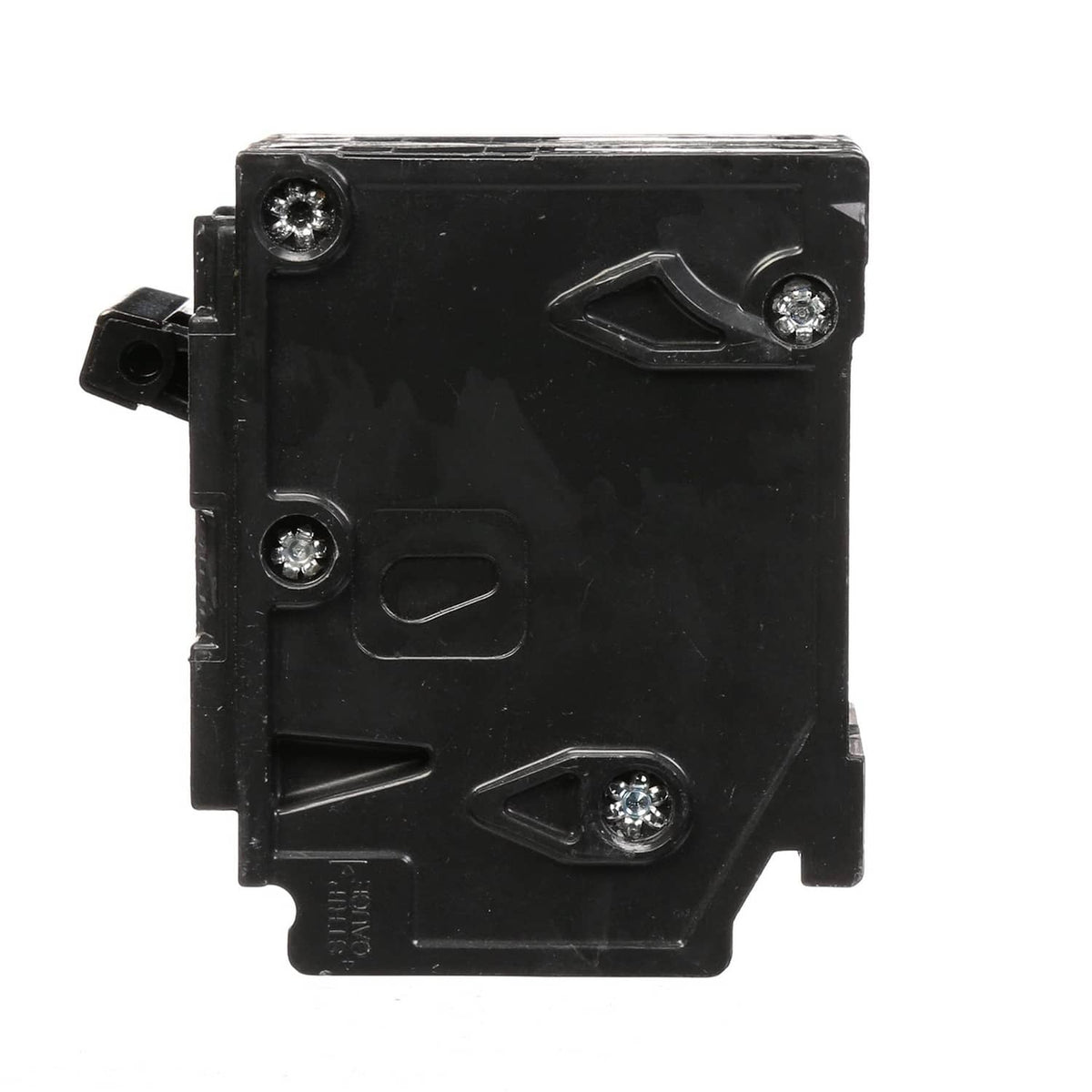 Black circuit breaker with visible mounting screws and molded handle mechanism