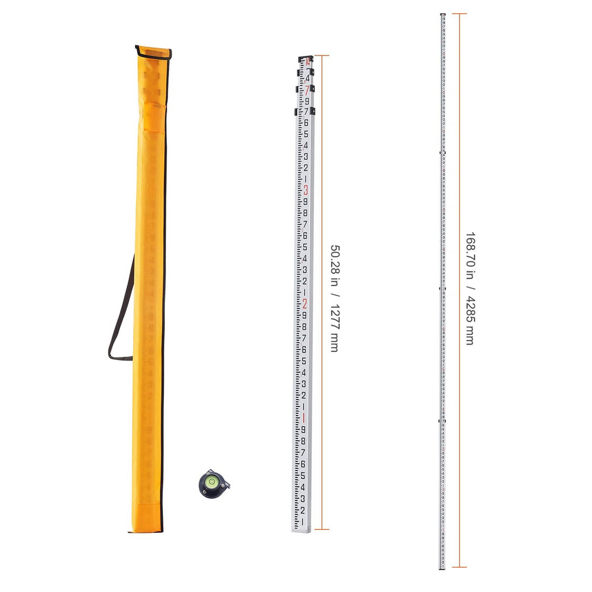 Yellow telescopic rod beside smaller folded rod and accessory bubble level