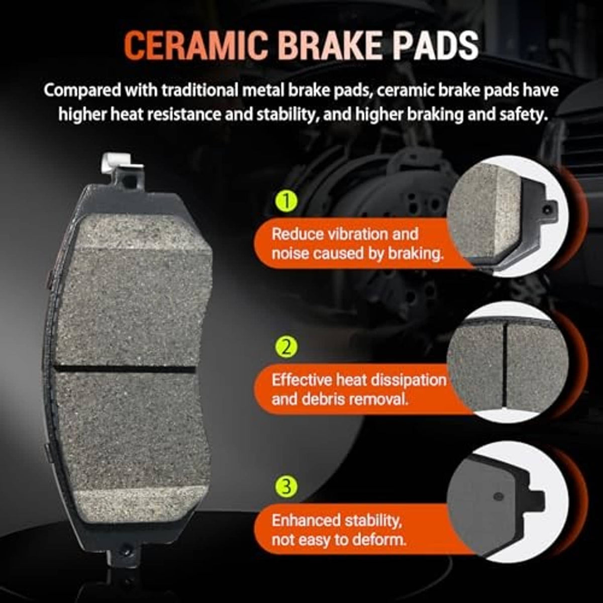 Ceramic brake pads with textured dark gray friction surfaces and mounting hardware