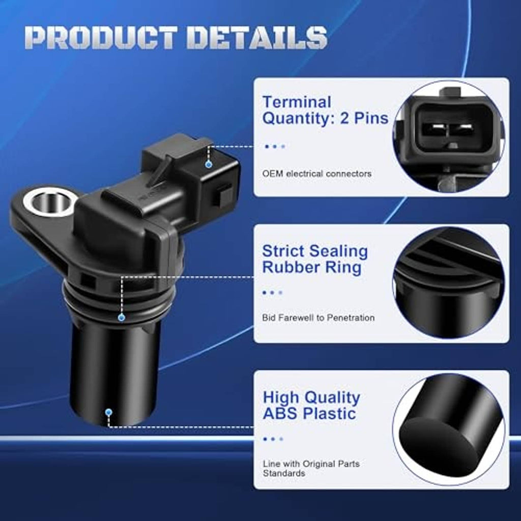 Black camshaft position sensor showing 2-pin terminal and sealing rubber ring